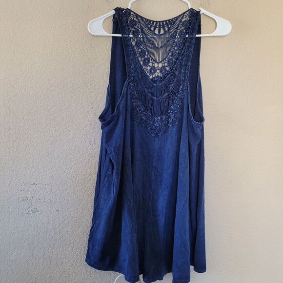 Anthropologie Eri + Ali Tank Top Xl Crochet Trim Tunic Racerback Blue Boho Flowy - Picture 8 of 8